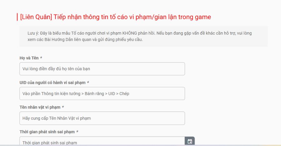 Điền vào biểu mẫu để hệ thống xử lý các tài khoản vi phạm